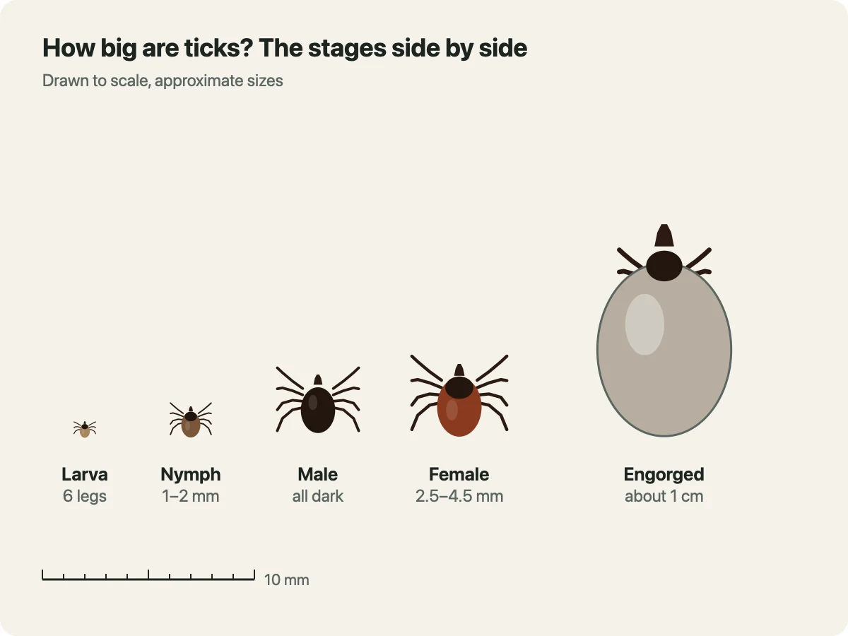 Drawing to scale of the tick stages side by side: a tiny six-legged larva, a nymph of one to two millimetres, an all-dark male, a red-brown female of 2.5 to 4.5 millimetres and a grey, swollen engorged tick of around one centimetre